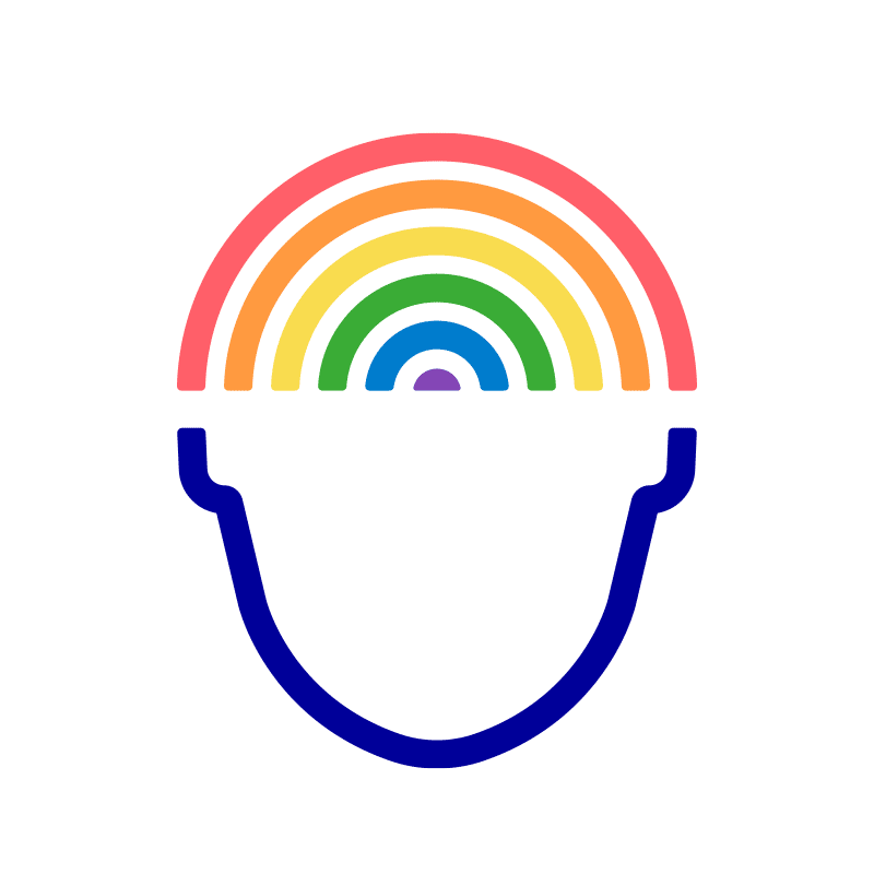 Pictogram of a head with a rainbow making up the top portion (brain) area.