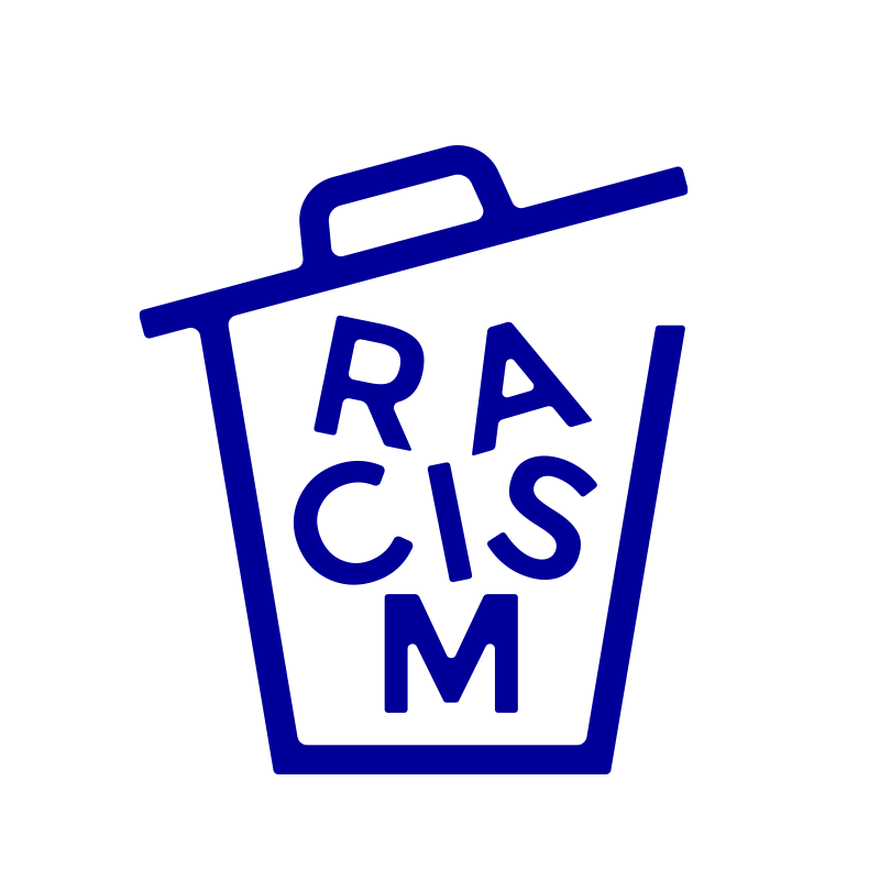 Pictogram of a trash can with the word racism inside.