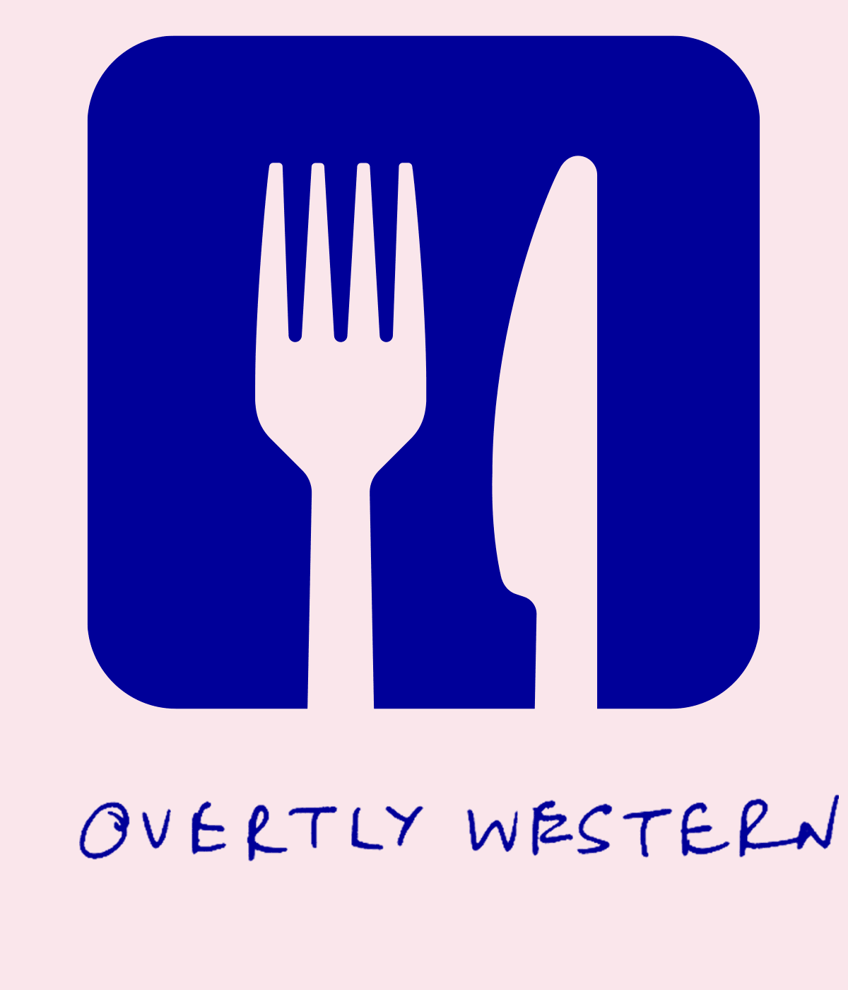 Pictogram of a knife and fork to represent food, with the text overtly western written underneath.
