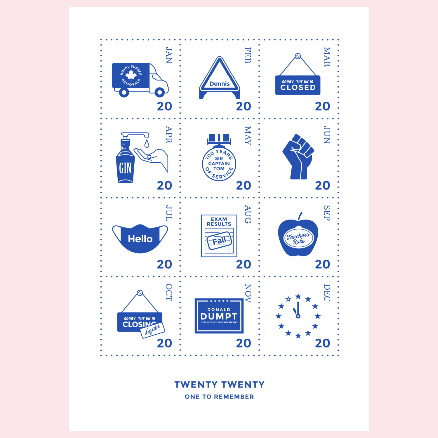 A poster designed to commemorate 2020 as a collection of stamps. Each of the tweleve stamps features a pictogram that summarises the key event from each month.
